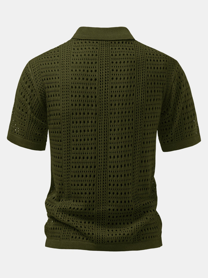Men’s Crochet V-Neck Polo – Textured Knit Summer Shirt