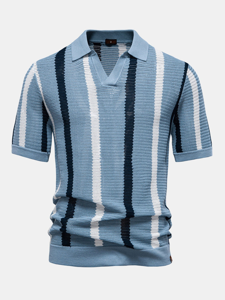 Men’s Textured Stripe Polo Shirt – Smart Casual Short Sleeve Top