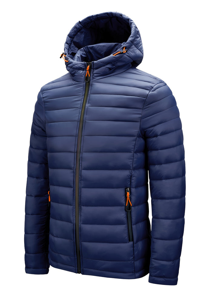 Men's Winter Padded, Hooded Padded Top, Warm Quilted Jacket with Colorful Zipper Pockets