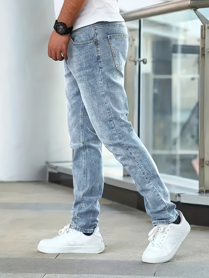 Men'S Jeans, Stretch Denim, Slim Fit, Multi-Process, Slimming Blue Men'S Trousers, Suitable for All Seasons, Autumn Essentials
