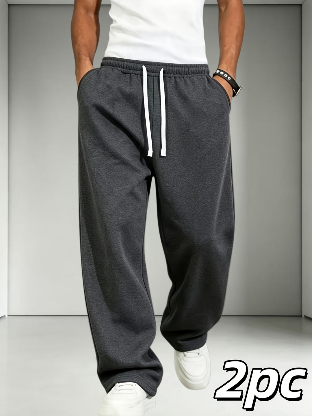 2pcs Men'S Elastic Waist Drawstring Sweatpants, Loose Straight-Leg Casual Trousers, Soft Knit Joggers for Daily Outdoor Wear
