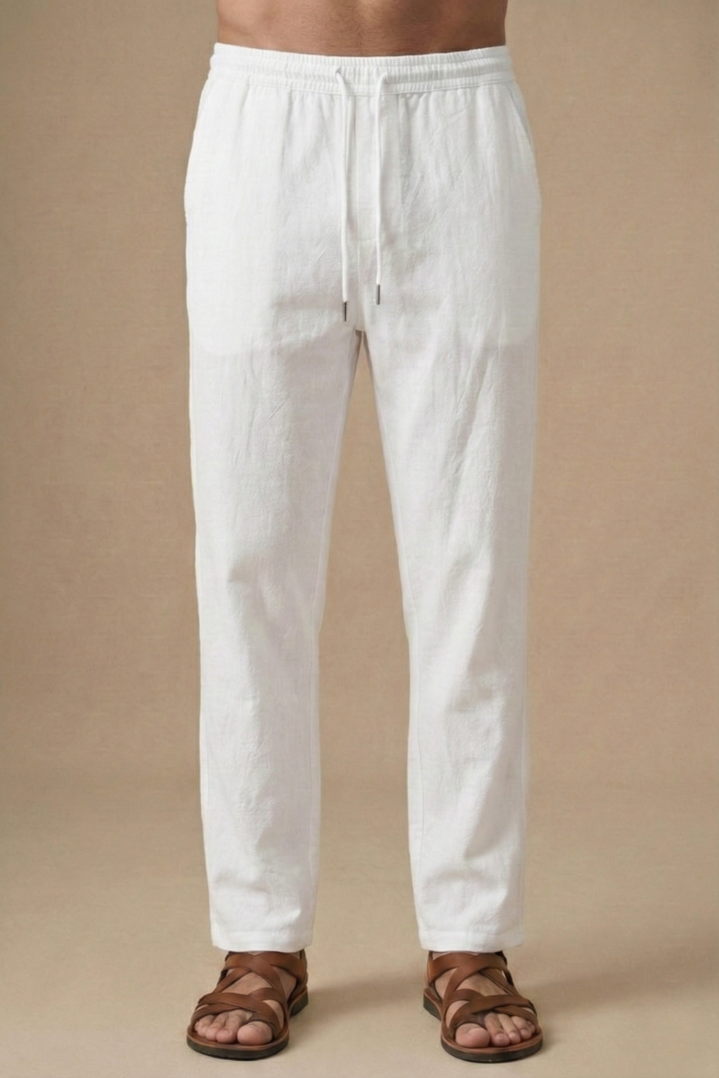 Men’s Linen Blend Two-Piece Set – V-Neck Shirt & Drawstring Trousers