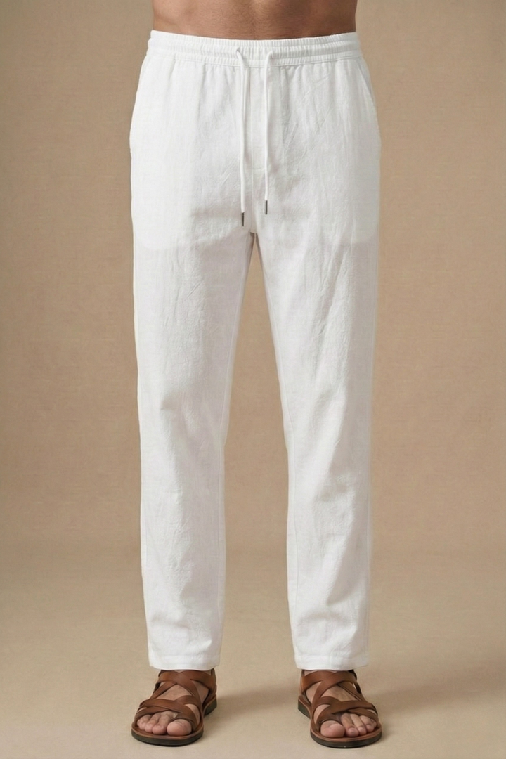 Men’s Linen Blend Two-Piece Set – V-Neck Shirt & Drawstring Trousers