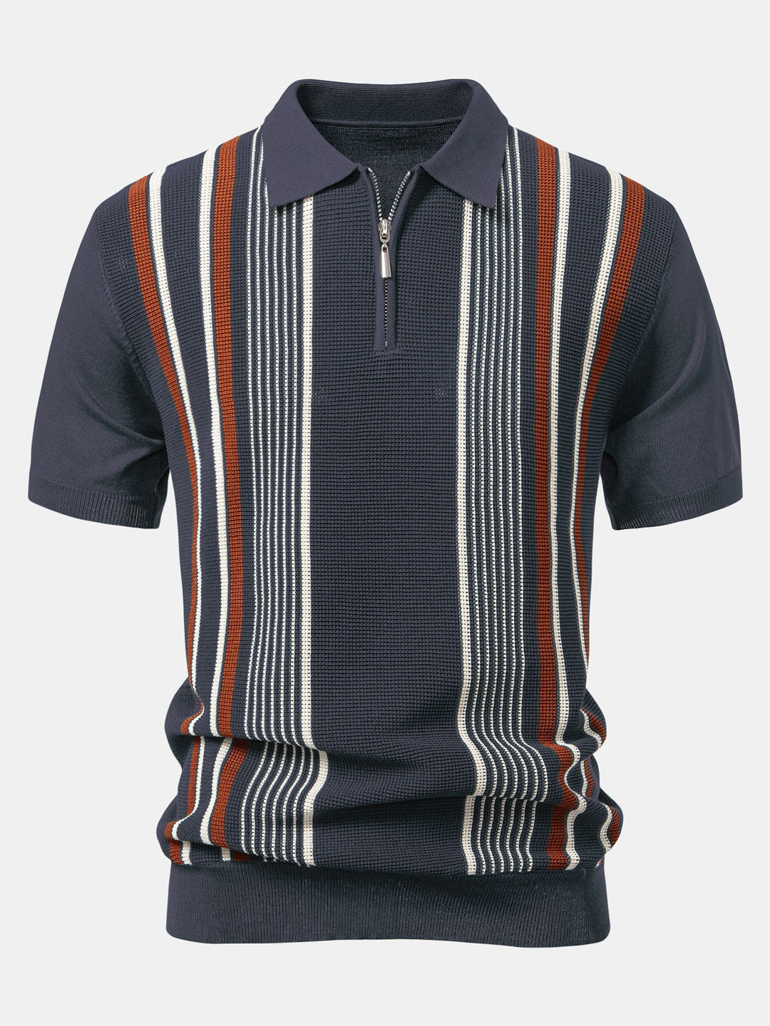 Men’s Stripe Knit Zip Polo – Smart Casual Short Sleeve Shirt
