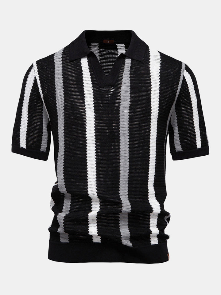 Men’s Textured Stripe Polo Shirt – Smart Casual Short Sleeve Top