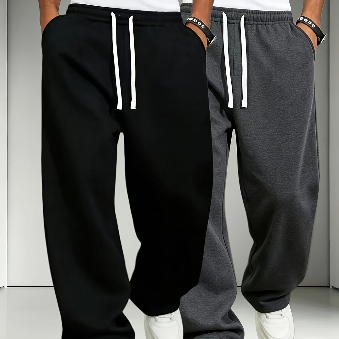2pcs Men'S Elastic Waist Drawstring Sweatpants, Loose Straight-Leg Casual Trousers, Soft Knit Joggers for Daily Outdoor Wear