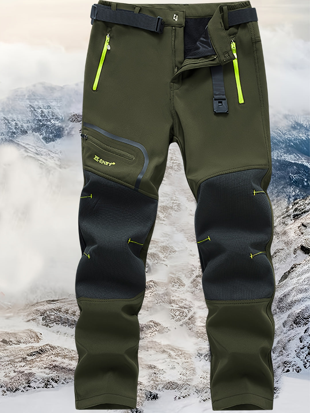 Men's Warm Windproof Cargo Pants with Belt & Zippered Pockets - Olive Green, Black & Yellow Accents, Perfect for Winter Outdoor Activities & Casual Wear, Winter Clothes, New Season