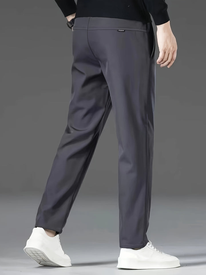 Men's Fall/Winter Fleece-Lined Windproof Warm Solid Color Casual Pants, Fashionable Drawstring Waistband Sports Trousers, 100% Polyester Non-Stretch Cropped Length, Regular Fit for Adults