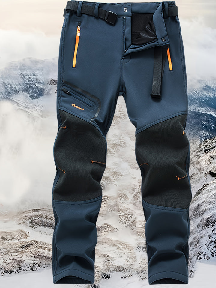 Men's Warm Windproof Cargo Pants with Belt & Zippered Pockets - Olive Green, Black & Yellow Accents, Perfect for Winter Outdoor Activities & Casual Wear, Winter Clothes, New Season