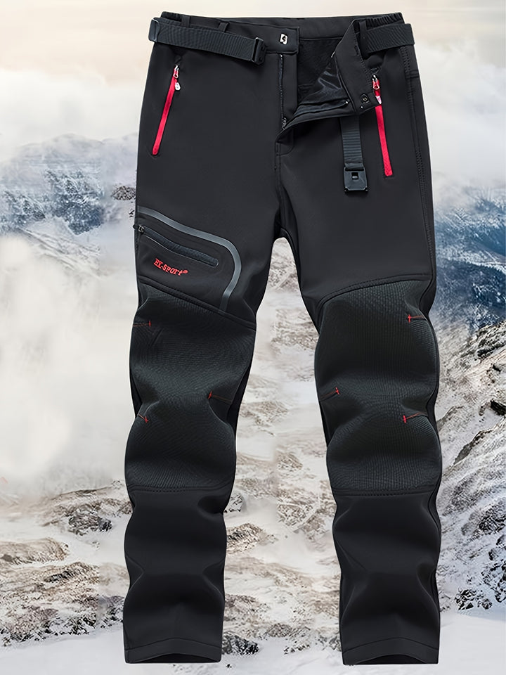 Men's Warm Windproof Cargo Pants with Belt & Zippered Pockets - Olive Green, Black & Yellow Accents, Perfect for Winter Outdoor Activities & Casual Wear, Winter Clothes, New Season