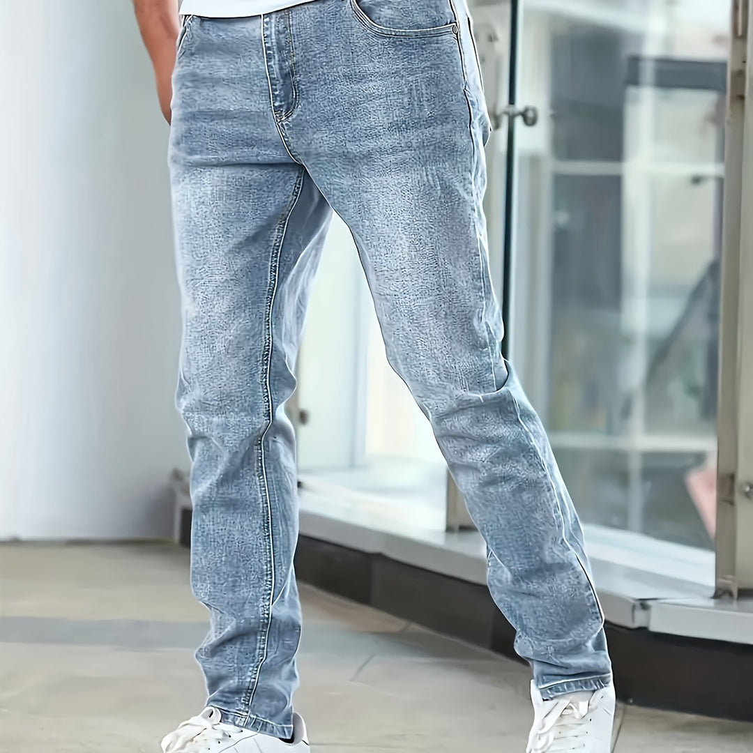 Men'S Jeans, Stretch Denim, Slim Fit, Multi-Process, Slimming Blue Men'S Trousers, Suitable for All Seasons, Autumn Essentials