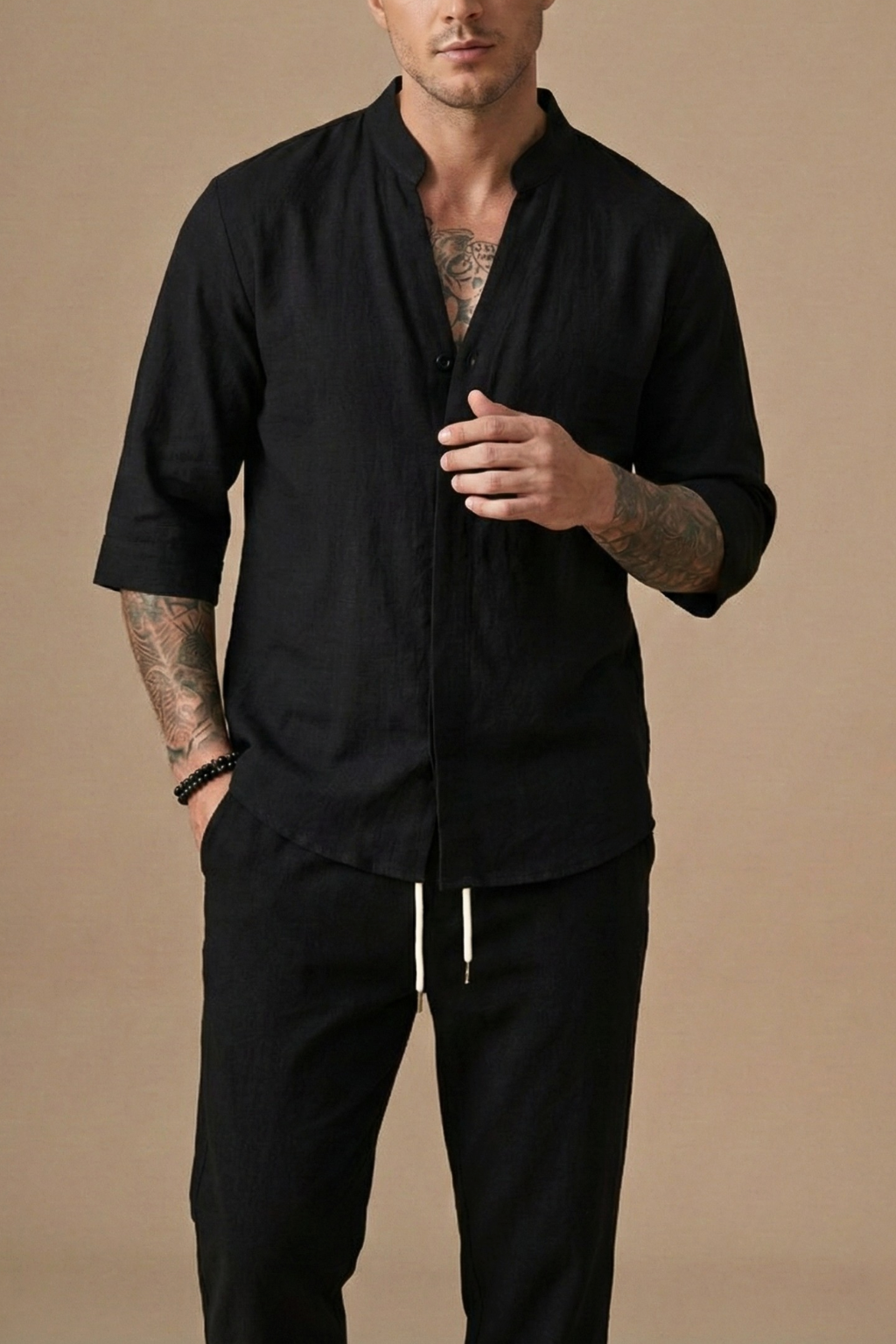 Men’s Linen Blend Two-Piece Set – V-Neck Shirt & Drawstring Trousers