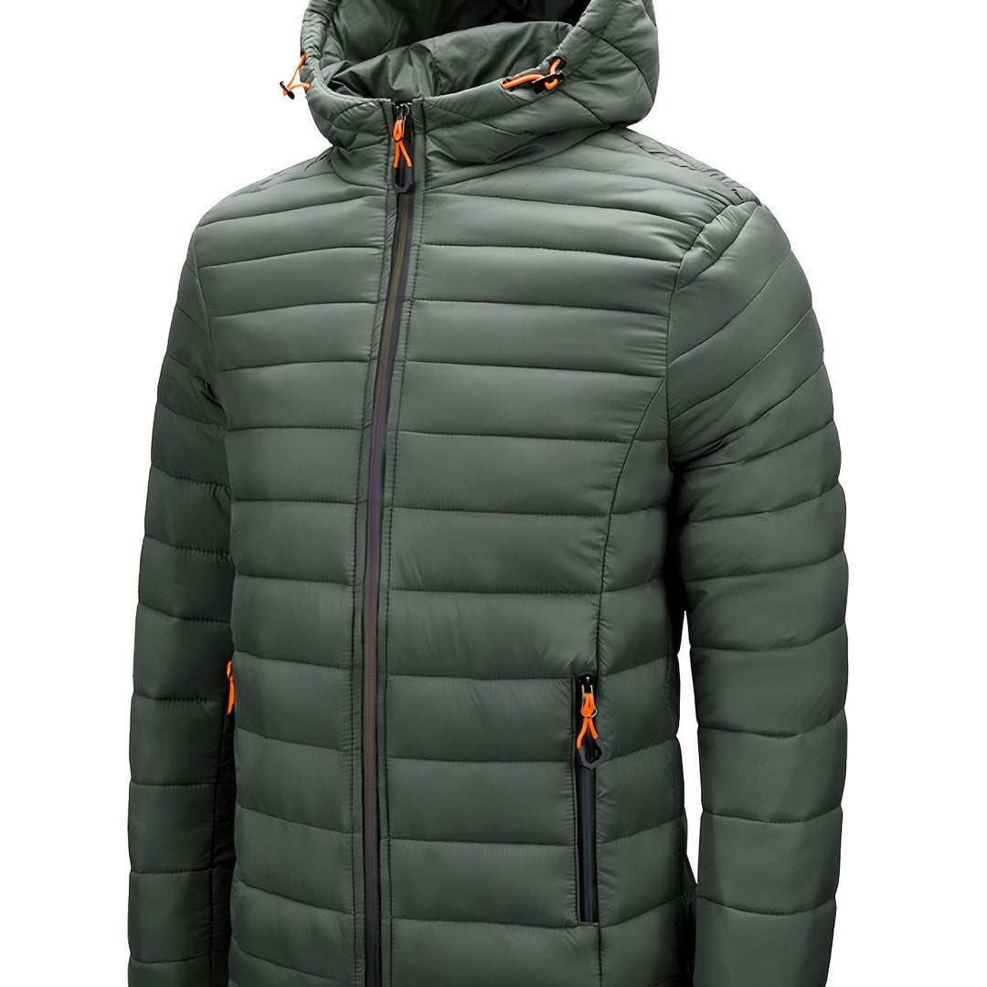 Men's Winter Padded, Hooded Padded Top, Warm Quilted Jacket with Colorful Zipper Pockets