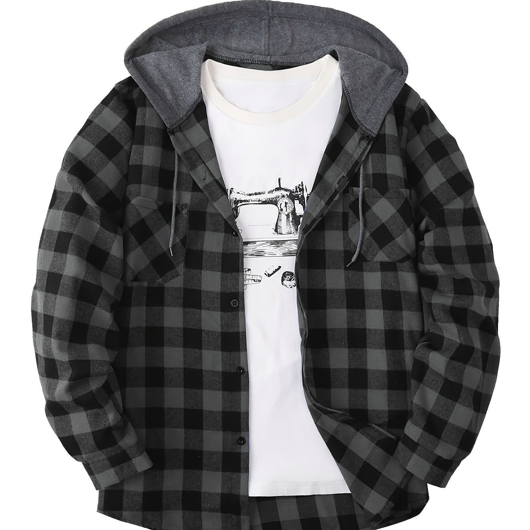 [Men's Plaid Hooded Shirt] Men's Fashion Hooded Plaid Trendy Shirt Hooded Plaid Sweatshirt - Autumn/Winter Essentials - New Season