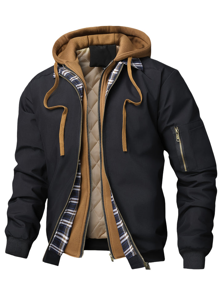 Men's Jacket, Spring Autumn Outerwear, Plaid Hooded Cardigan, Sports Casual Preppy Fashion