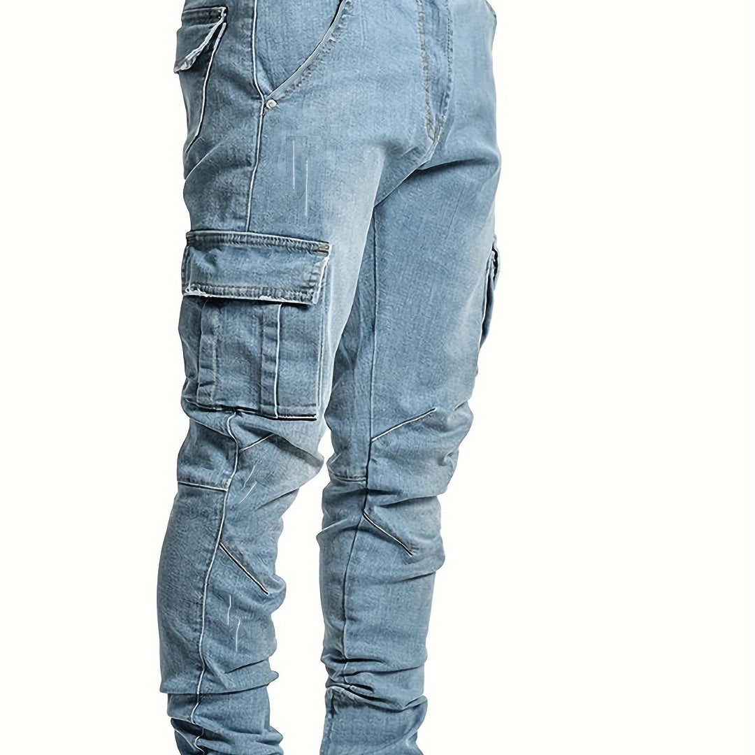 Men's Jeans, Solid Color Multi-Denim Washable, Mid-Rise Cargo Jeans, Fashion Casual Trousers