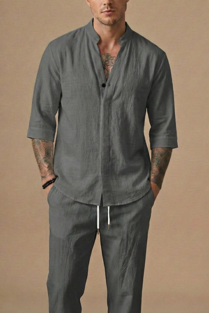 Men’s Linen Blend Two-Piece Set – V-Neck Shirt & Drawstring Trousers