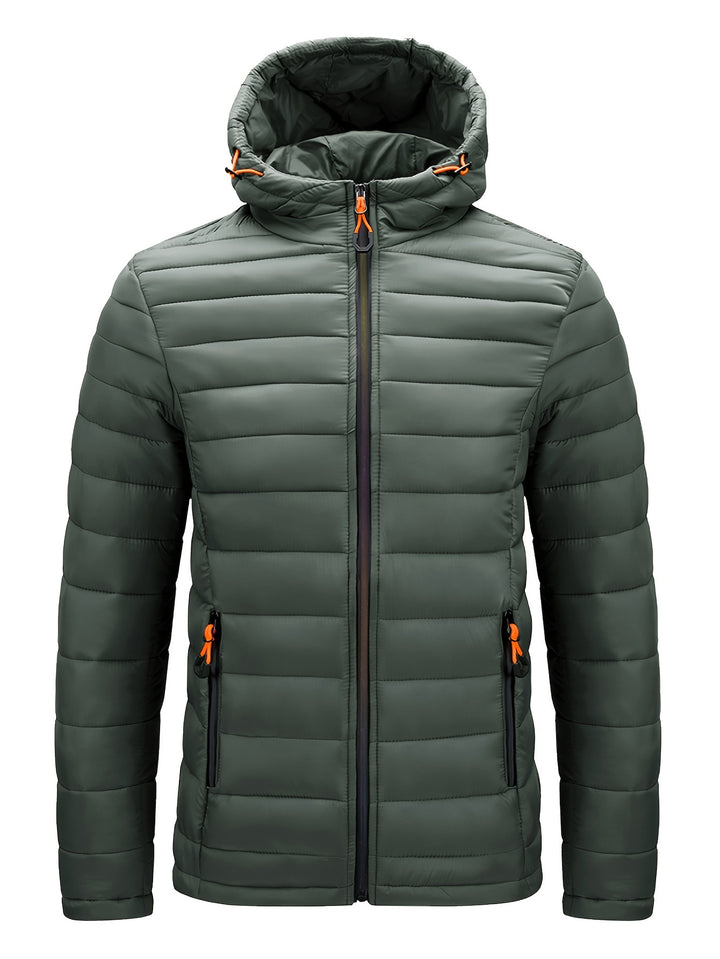 Men's Winter Padded, Hooded Padded Top, Warm Quilted Jacket with Colorful Zipper Pockets