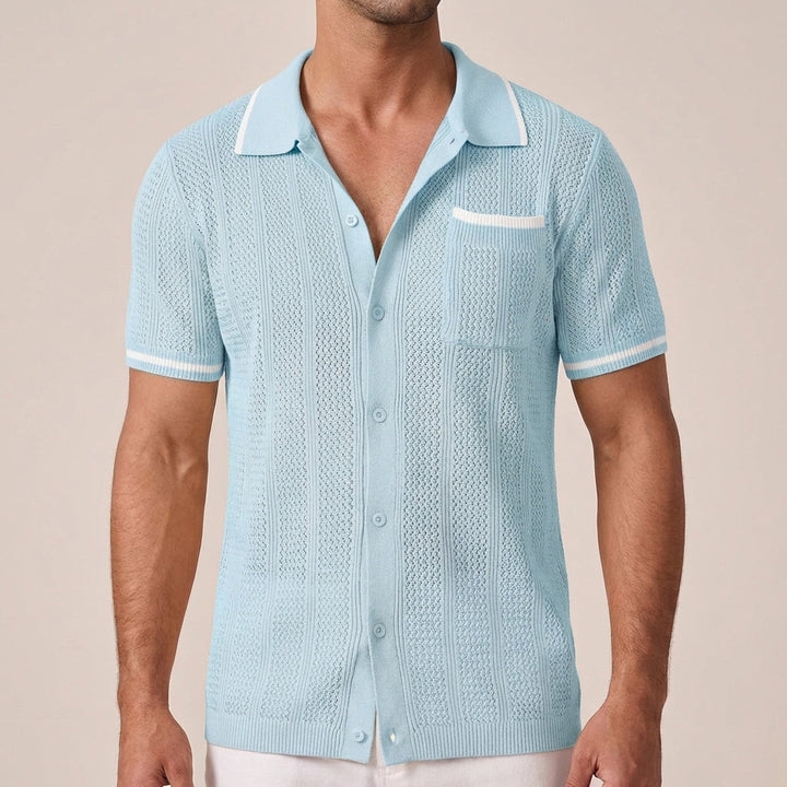 Men’s Openwork Knit Shirt – Camp Collar Short Sleeve Summer Shirt