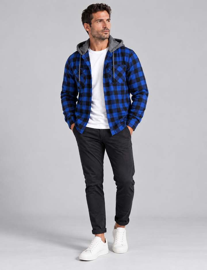 Men’s Hooded Plaid Shirt – Casual Long Sleeve Checked Shirt