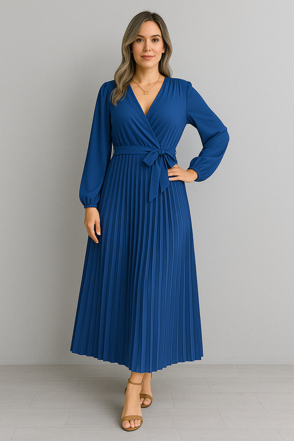 Riley™-  Elegant V-Neck Pleated Maxi Dress.