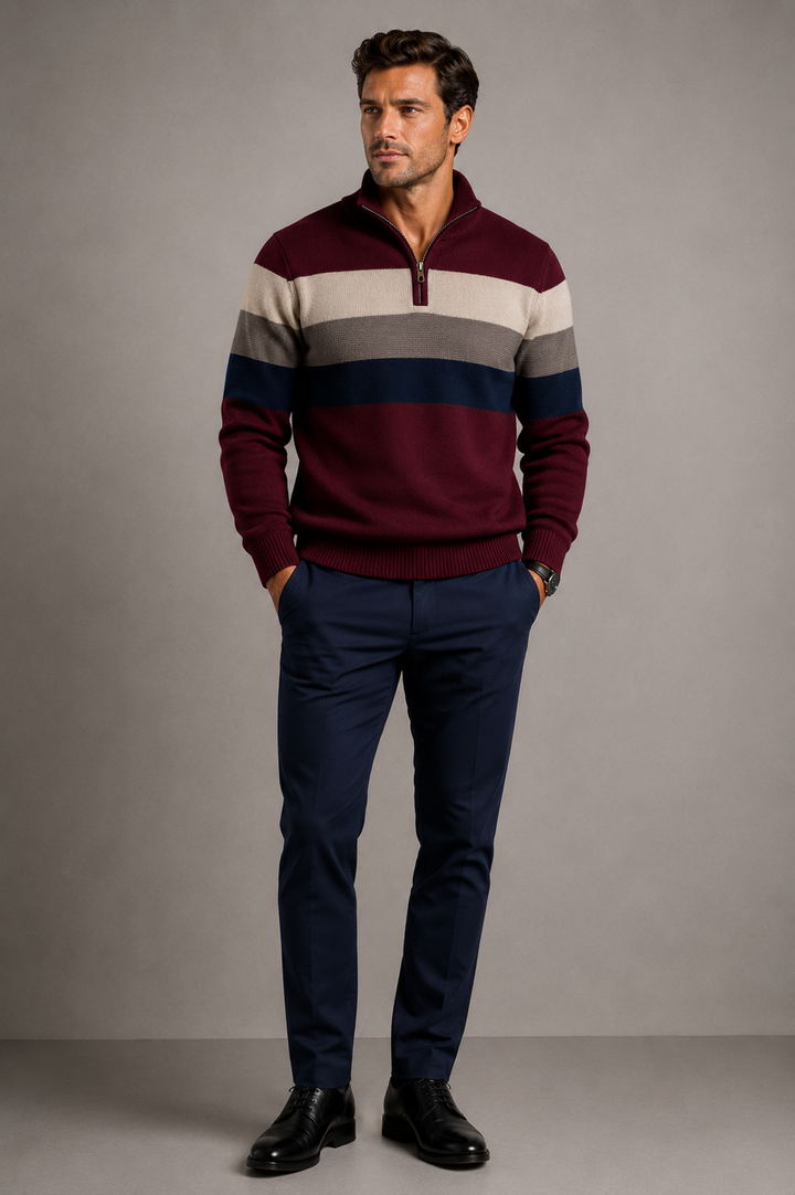 Men’s Half Zip Jumper with Stand Collar and Ribbed Hem