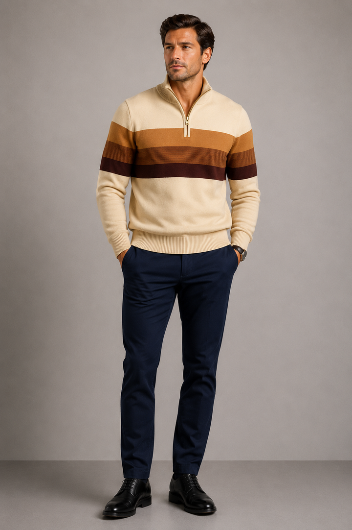 Men’s Half Zip Jumper with Stand Collar and Ribbed Hem