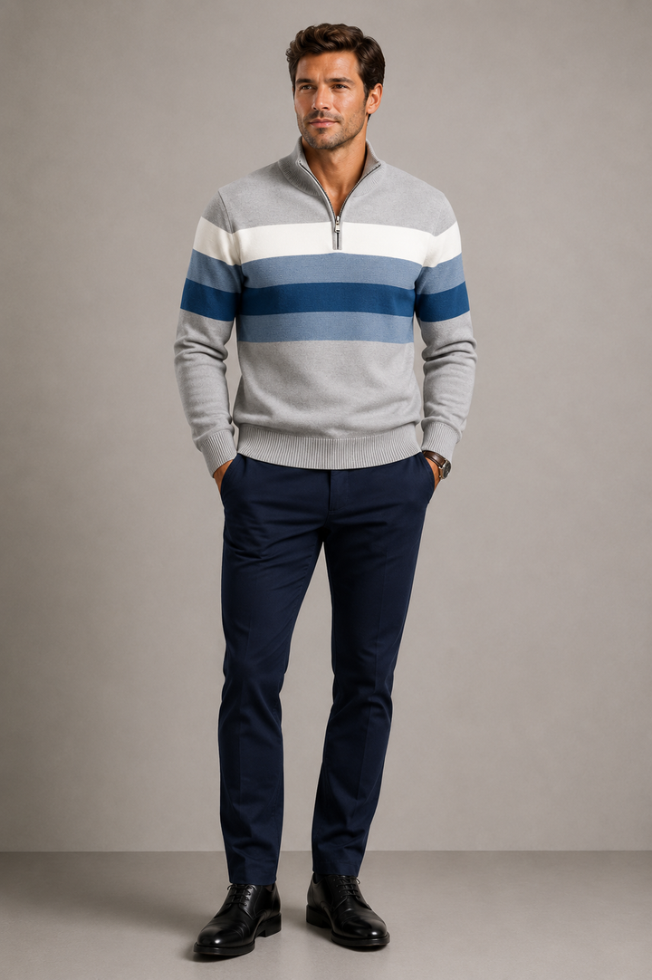 Men’s Half Zip Jumper with Stand Collar and Ribbed Hem