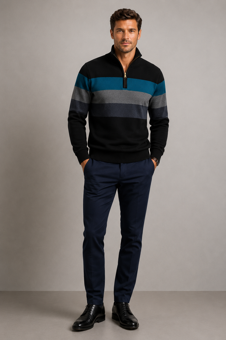 Men’s Half Zip Jumper with Stand Collar and Ribbed Hem