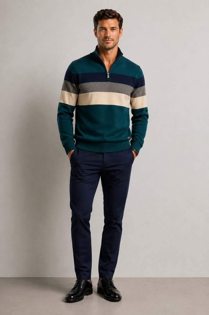 Men’s Half Zip Jumper with Stand Collar and Ribbed Hem
