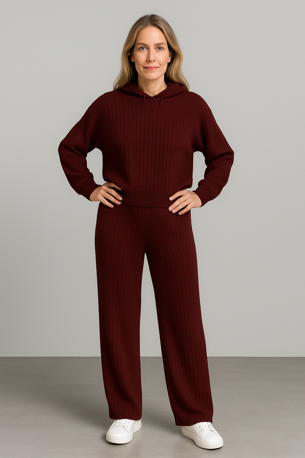 Anna™ | Solid Knitted Striped Sweatshirt Pants Suit
