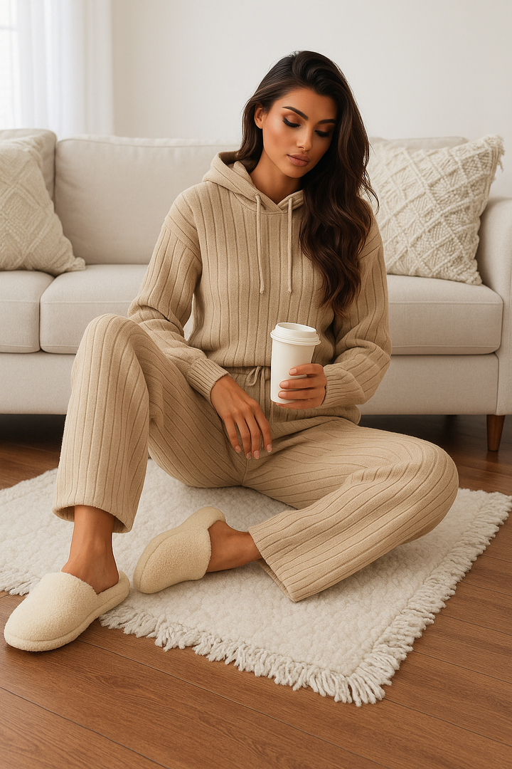Anna™ | Solid Knitted Striped Sweatshirt Pants Suit