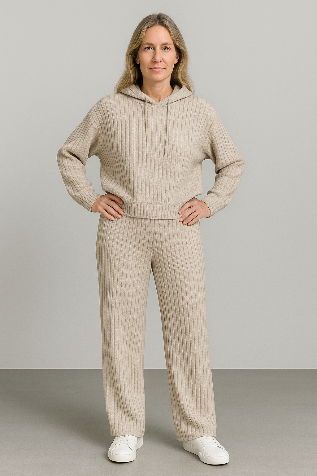 Anna™ | Solid Knitted Striped Sweatshirt Pants Suit