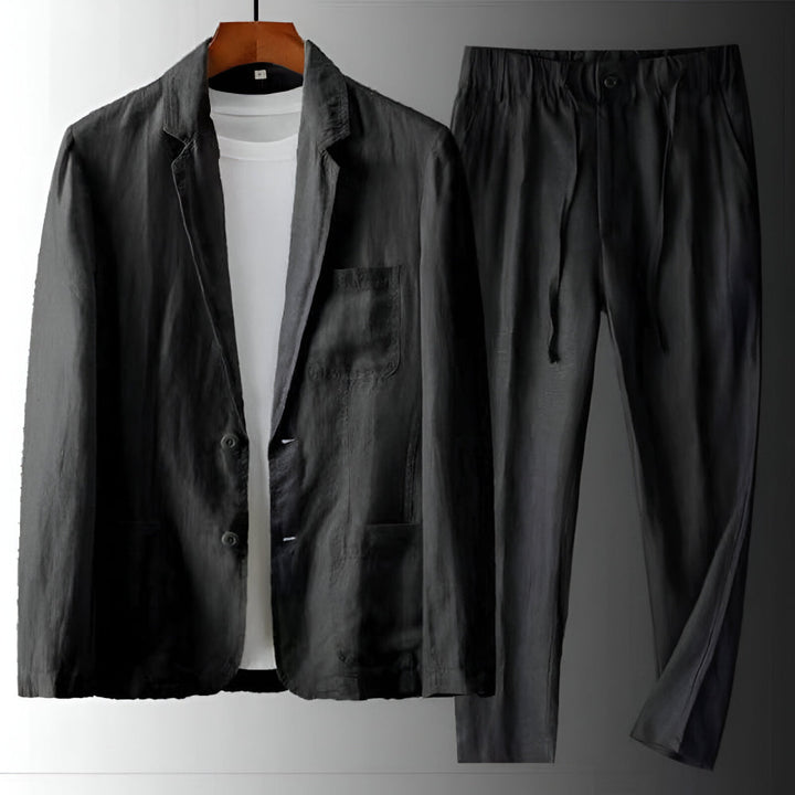 Men's Linen Blend Two-Piece Set - Single-Breasted Notch Lapel Blazer and Tapered Drawstring Trousers