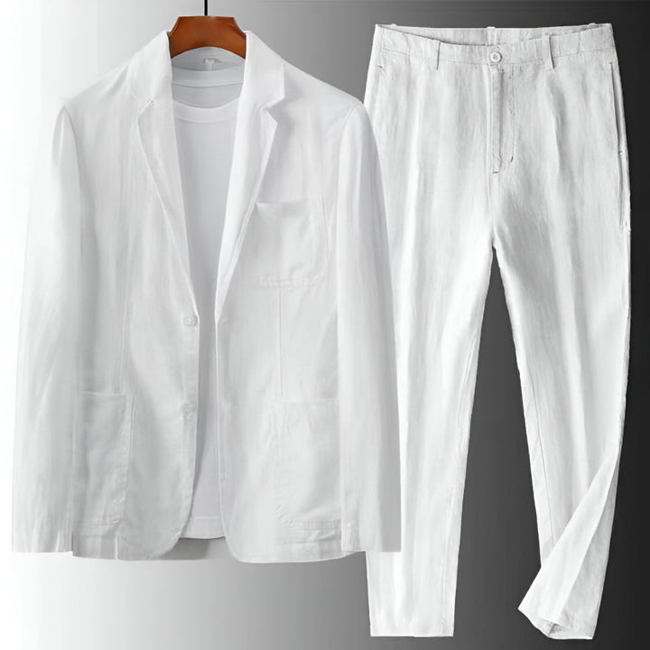 Men's Linen Blend Two-Piece Set - Single-Breasted Notch Lapel Blazer and Tapered Drawstring Trousers