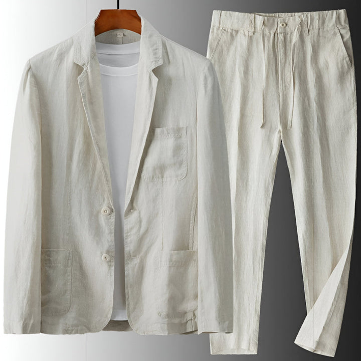 Men's Linen Blend Two-Piece Set - Single-Breasted Notch Lapel Blazer and Tapered Drawstring Trousers