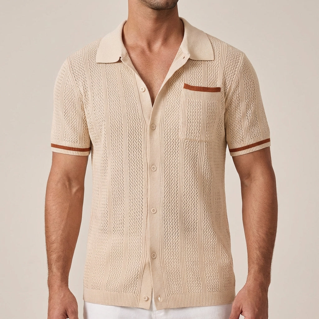 Men’s Openwork Knit Shirt – Camp Collar Short Sleeve Summer Shirt