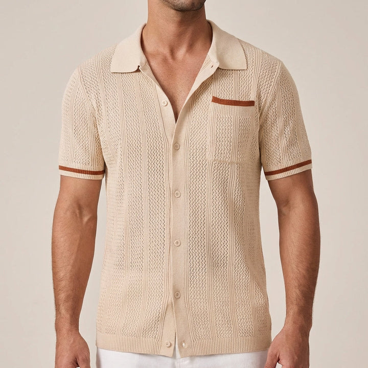 Men’s Openwork Knit Shirt – Camp Collar Short Sleeve Summer Shirt