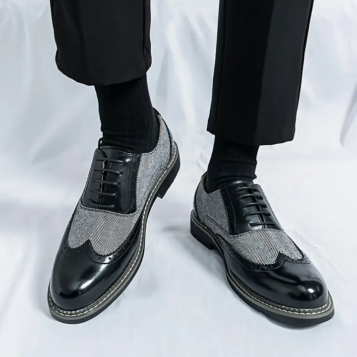 Men’s Tweed Oxford Brogues – Classic Almond Wingtip Lace-Up Shoes