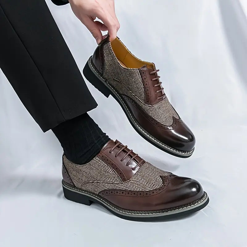 Men’s Tweed Oxford Brogues – Classic Almond Wingtip Lace-Up Shoes