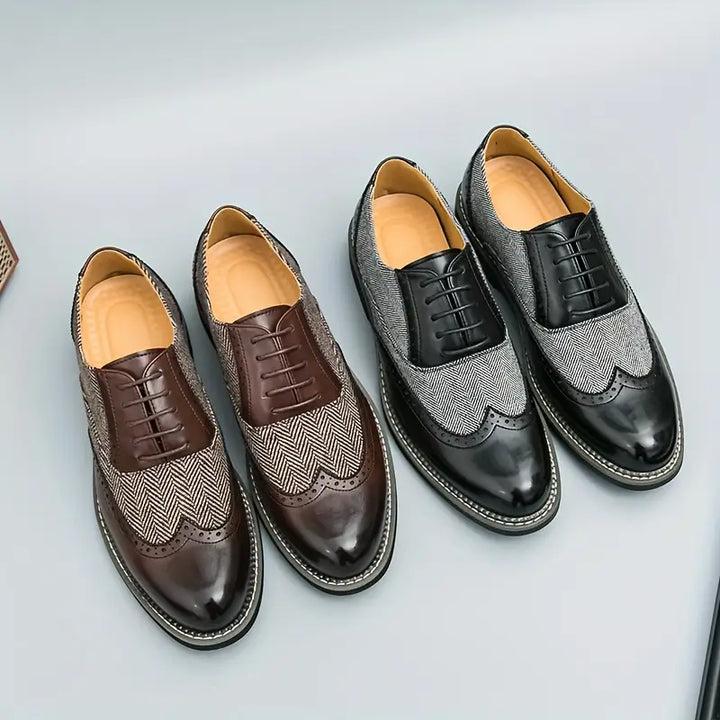 Men’s Tweed Oxford Brogues – Classic Almond Wingtip Lace-Up Shoes