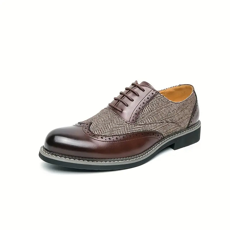 Men’s Tweed Oxford Brogues – Classic Almond Wingtip Lace-Up Shoes