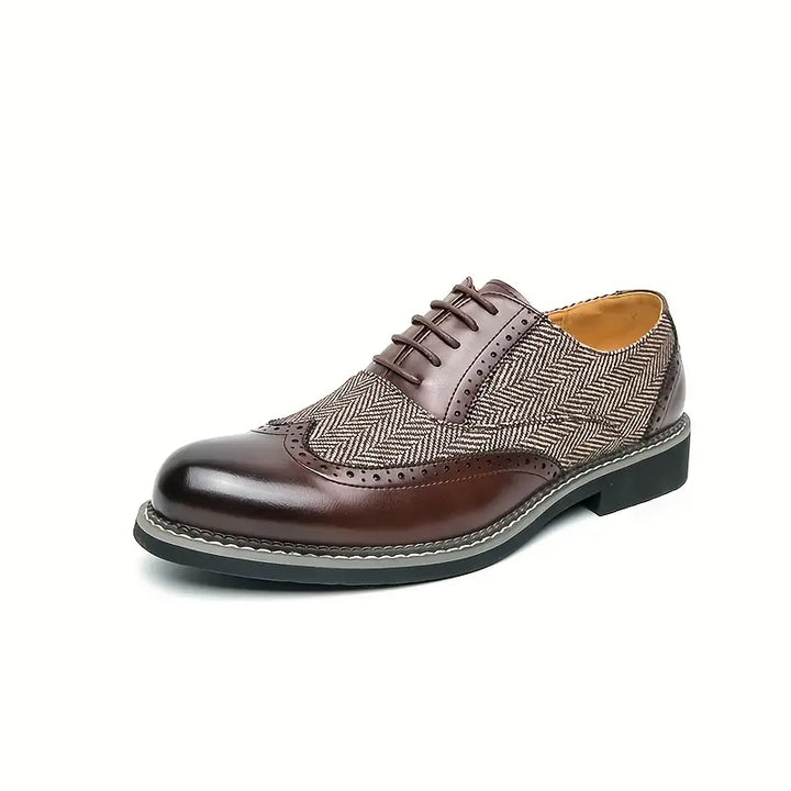 Men’s Tweed Oxford Brogues – Classic Almond Wingtip Lace-Up Shoes