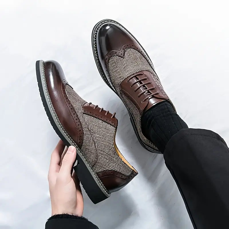 Men’s Tweed Oxford Brogues – Classic Almond Wingtip Lace-Up Shoes