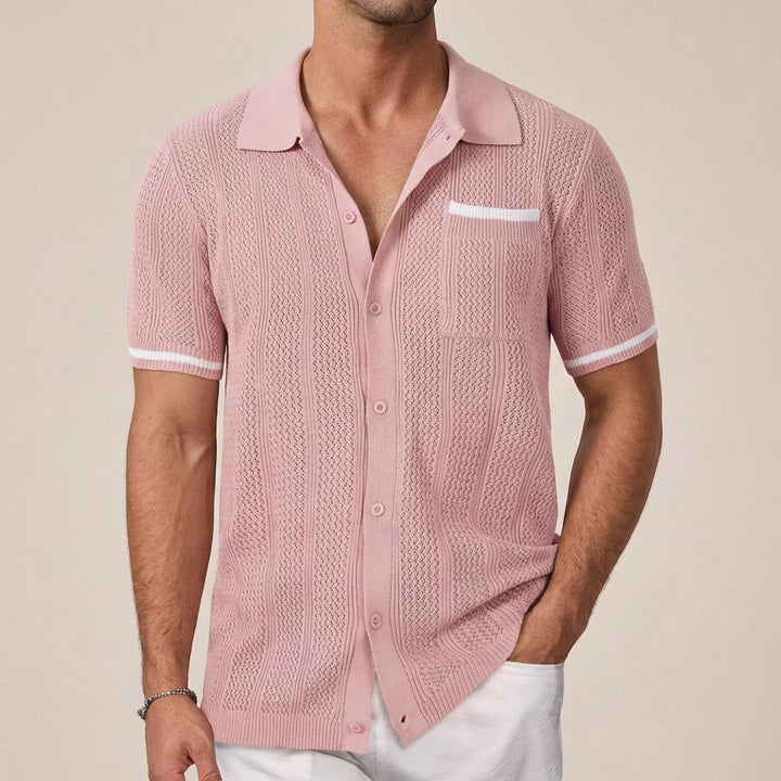 Men’s Openwork Knit Shirt – Camp Collar Short Sleeve Summer Shirt