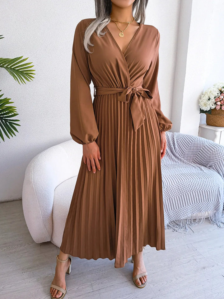 Riley™-  Elegant V-Neck Pleated Maxi Dress.