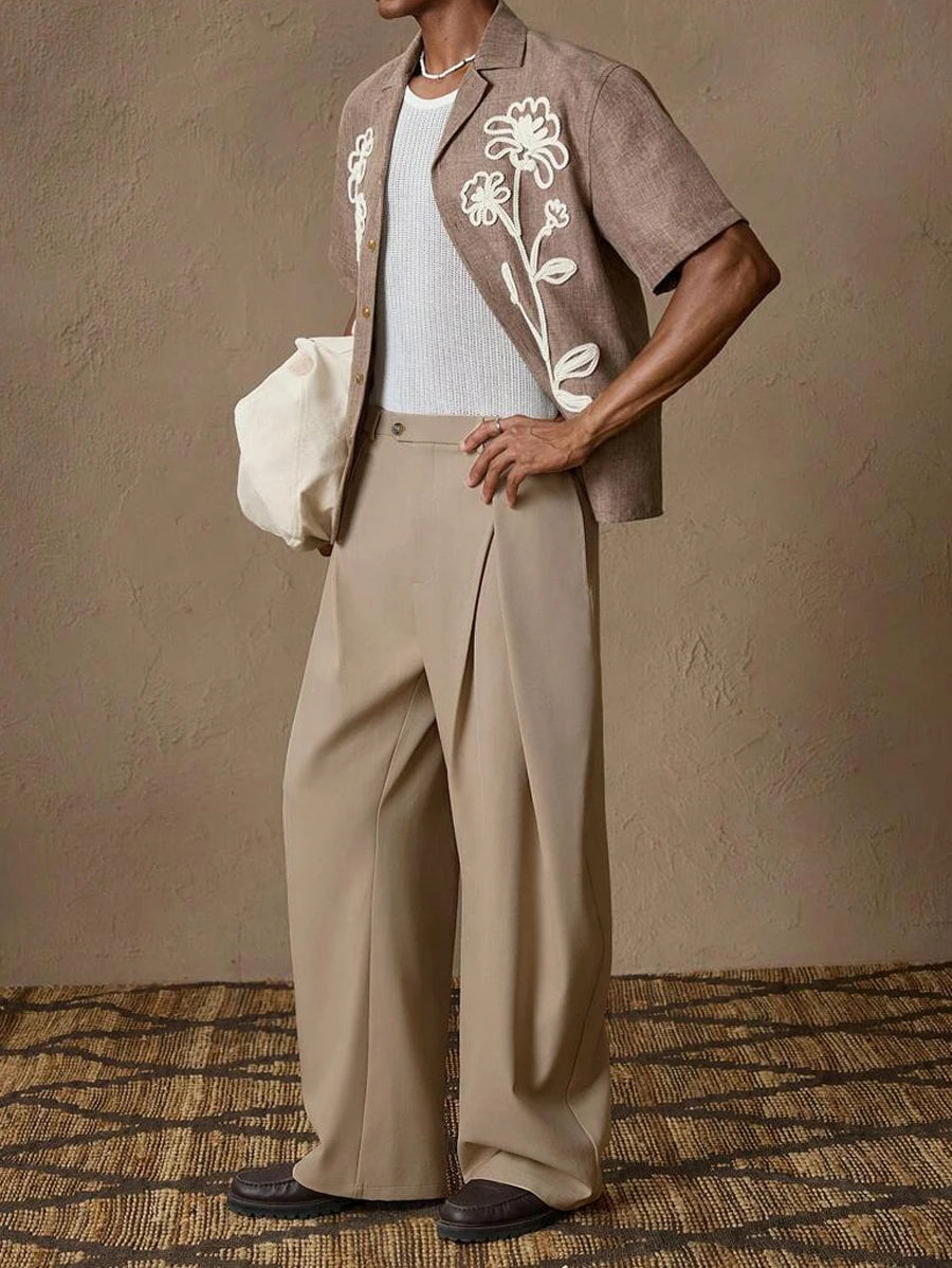 New light business elegant Italian style Naples solid color button pleated high waisted pants for men's suit pants