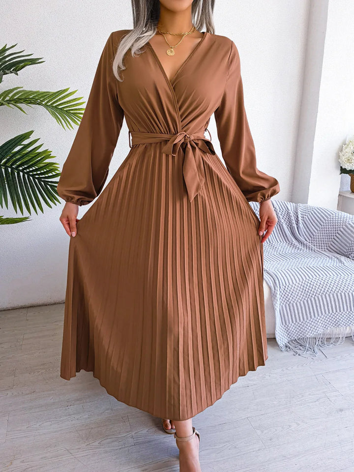 Riley™-  Elegant V-Neck Pleated Maxi Dress.