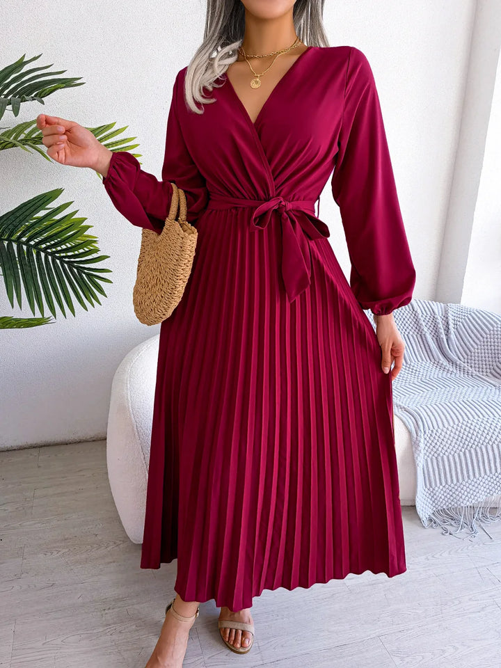 Riley™-  Elegant V-Neck Pleated Maxi Dress.