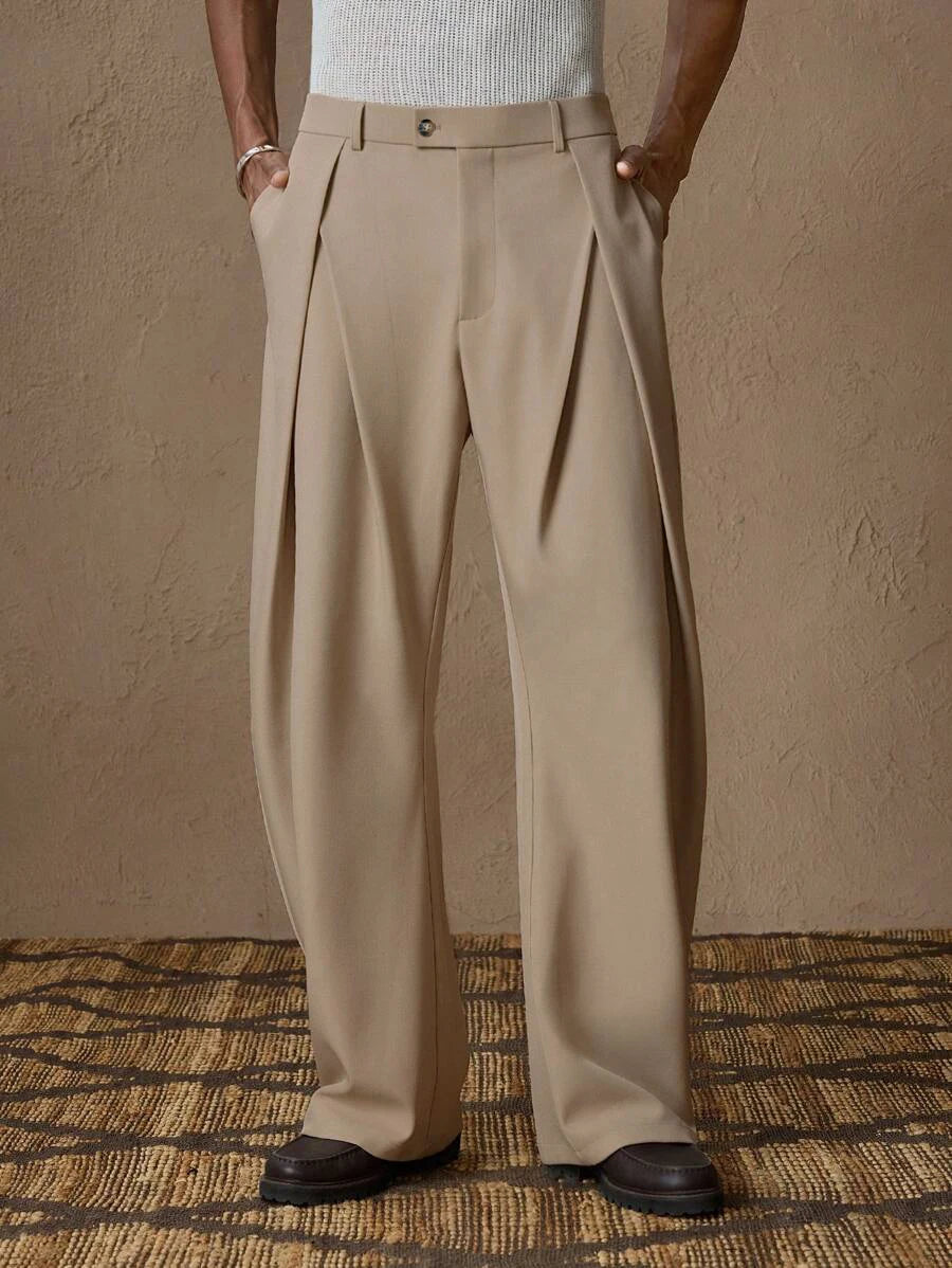 New light business elegant Italian style Naples solid color button pleated high waisted pants for men's suit pants